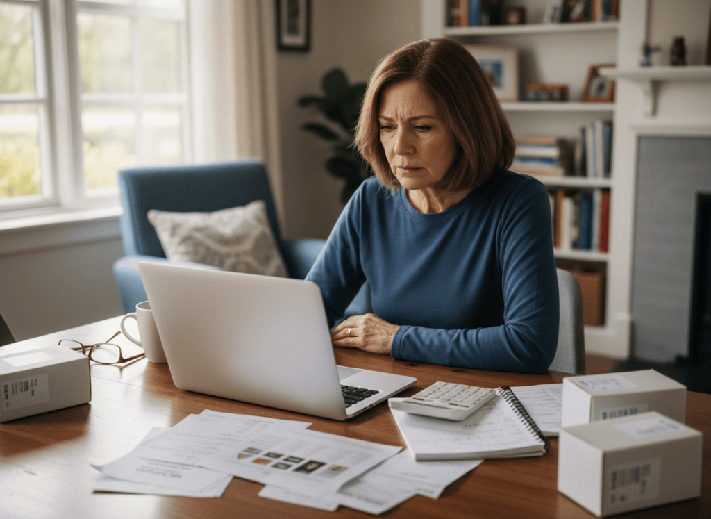 A photorealistic horizontal image of a woman in her 60s with brown hair and no gray, sitting at a dining table in a real lived-in home. She has a laptop open showing product listings, a calculator, a notebook with handwritten notes, invoices, and a few ordinary boxed products on the table around her. She looks concerned and thoughtful as she studies the numbers. Natural window lighting, sharp detail, normal colors. No text, no logos, no glamorous stock-photo aesthetic. Candid and authentic feel.